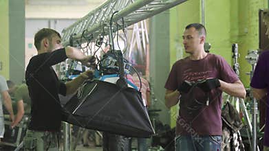 Lighting on the set of the film during filming. Filmmaking. Shooting.