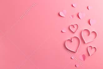 Composition for Valentine`s Day February 14th. Delicate pink background and pink hearts cut out of paper. Greeting card