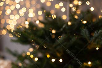 Blurred photo of Christmas tree shining with lights of garland