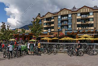 WHISTLER, CANADA - AUGUST 25, 2019: urban environment and street view with people sunny summer day