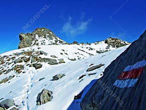 Alpine peak Falknis in the Ratikon border mountain massif or Raetikon Grenzmassiv and over the river Rhine valley Rheintal
