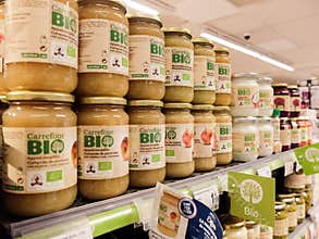 Apple sauce / Compote de pomme in a grocery store of Carrefour, gamme bio