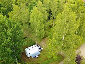 Drone shot of a motorhome at a campsite
