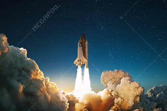 New Ship flies to another planet. Spaceship takes off into the starry sky. Rocket starts into space. Concept.