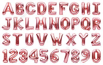 English alphabet and numbers made of pink golden inflatable helium balloons isolated on white. Rose gold foil balloon font, full