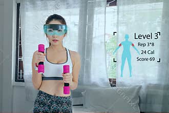Sport girl use augmented mixed virtual reality to exercise combine technology with 5g