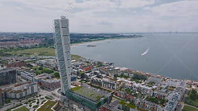 Beautiful aerial panoramic view of the Malmo city in Sweden. Turning Torso skyscraper in Malmo