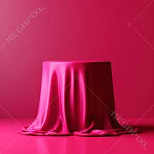 Red velvet podium with spotlight. Satin cloth podium for product presentation.