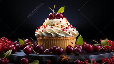 delicious cupcake with cream and cherry. Christmas cupcake. free space