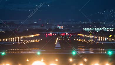 Time lapse of large commercial airplane landing and take off on airport runway. Journey abroad tourism, oversea travel