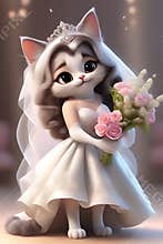 A cute and adorable cat in beautiful wedding dress with flower, cartoon character, 8k, printable, animal creatures