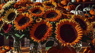 Fall flowers and pumpkins on desk composition. AI generated video