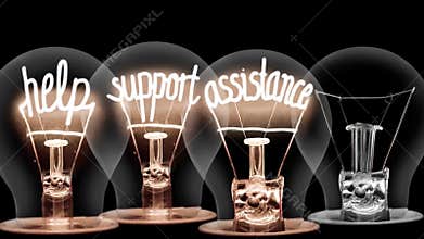 Light Bulbs with Help, Support, Assistance and Guidance Concept