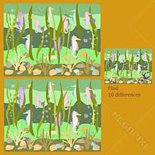 in the rebus for children under 6 years old seahorses, find 10 differences