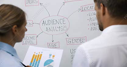 Target audience analysis, market segmentation - marketing people analyzing business customer data on whiteboard