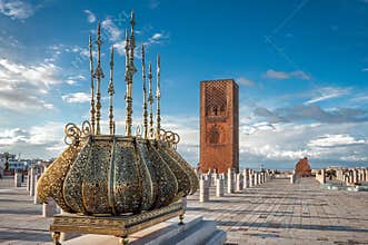 Tour Hassan tower golden decorations Rabat Morocco
