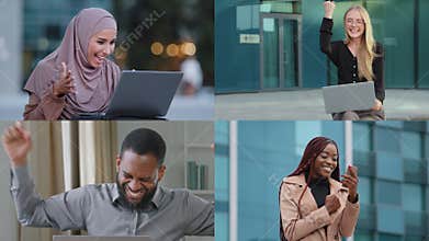 Split screen mosaic variation diverse people Muslim woman in hijab in city with laptop Caucasian businesswoman African