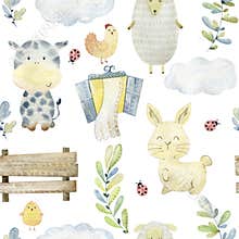 Watercolor pattern with farm animals.