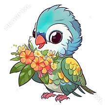 Parrot with flowers, cartoon chibi style, AI generative