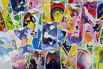 tarot cards spreading flat lay, Star spinner tarot deck, minor arcana, Four of cup tarot card in