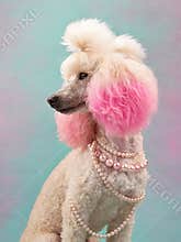 dog in jewelry on a colored background. white small poodle in the studio. fashion, jewelry