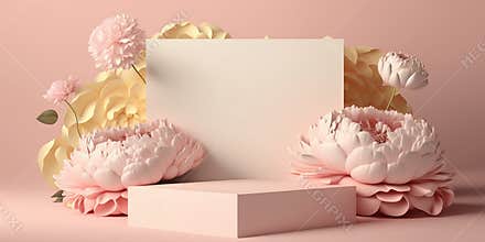 Empty White & Pink Podium With Floral Peonies Flower and Petals for your Product Display.