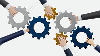 Business team hands connect and joining a piece of gear, partnership teamwork, 3D rendering, Loop 4K UHD.