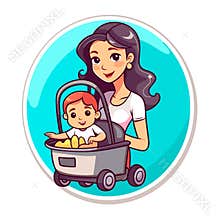 A young girl is babysitting a small child. Cartoon vector illustration. isolated background, label, sticker