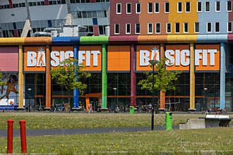 Basic-Fit logo sign at the gym. Basic Fit is the largest fitness chain in Europe.