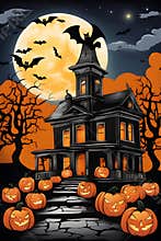 Abandoned house with flying bats and the scary pumpkins in a fluffy clouds night, printable, horor athmosphere
