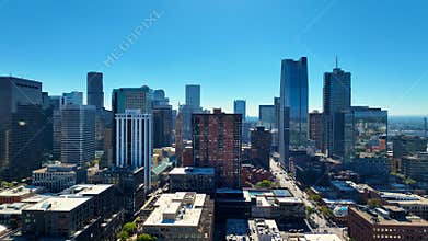 Denver skyline from drone, aerial view of buildings Down Town and apartments.
