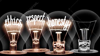 Light bulbs with ethics, honesty, respect and integrity concept