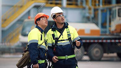 Asian male supervisor and builder in construction protective uniform discuss job manufacturing plant