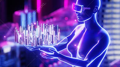 The metaverse concept. Woman in VR glasseslooking at cybercity hologram. 3d render siamless loop.