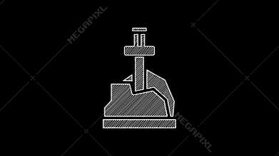 White line Sword in the stone icon isolated on black background. Excalibur the sword in the stone from the Arthurian