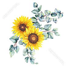 Watercolor sunflowers bouquet, hand painted sunflower bouquets, sunfower flower arrangement. Wedding invitation clipart elements.