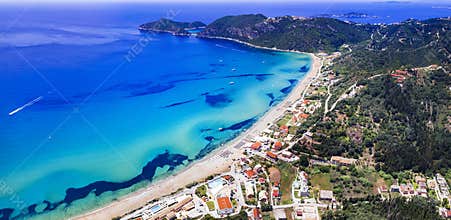 Corfu island - scenic beach Agios Georgios Pagon  Aerial drone view.