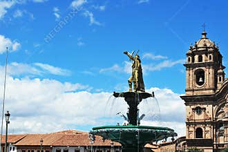 Inca Pachacutec fountain in the Plaza de Armas of Cusco, Peru