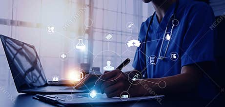 Medicine doctor working with digital medical interface icons on the hospital background, healthcare and Medical technology and