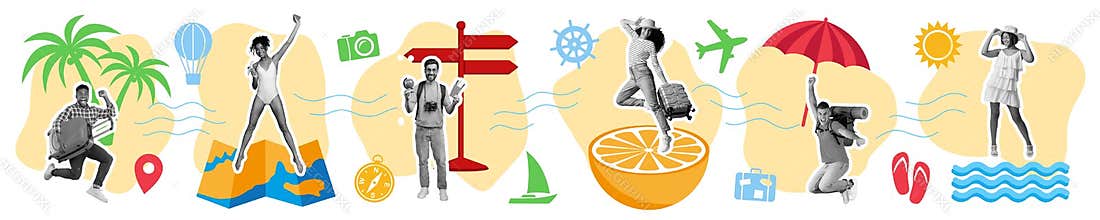 Smiling young multiethnic people jumping, rejoice in journey with sea, sun, palm trees, suitcase signs