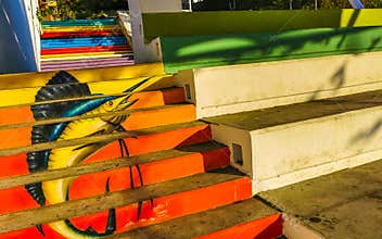 Stairs with fish graffiti art drawings paintings Puerto Escondido Mexico
