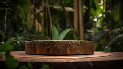 Wooden round podium in the tropical forest. Abstract natural background.