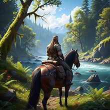 An AI generated image of a lone medieval fantasy traveller riding a horse in forested wilderness