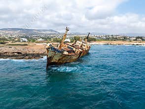 Aerial View of Edro III Shipwreck Near Cyprus Coastline