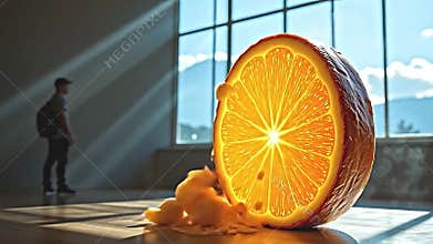 An indoor scene a human figure, barely visible, positioned left, partially consumed by stark shadows, tempted by a Generative AI