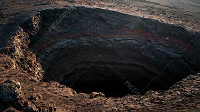 Dramatic Volcanic Crater Landscape Featuring Dark Rocks And Rough Terrain