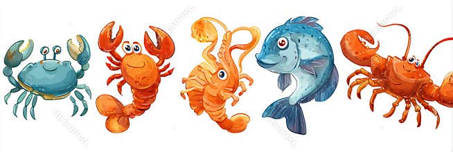 Colorful Cartoon Seafood Set for Kids Menu Featuring Crab, Lobster, Shrimp, Fish, and Lobster in Fun Cartoon Style