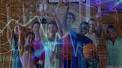Team celebrating victory in gym, holding trophy and basketball, showing sports analytics graphs