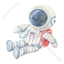 Gray and white spacesuit astronaut with a blue visor and red pack in watercolor. Spaceman clipart. Great for childrens books