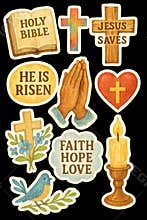 Religious Christian Stickers Depicting Faith Hope Love Jesus Holy Bible Cross Candle Praying Hands Heart He Is Risen Blue Bird and